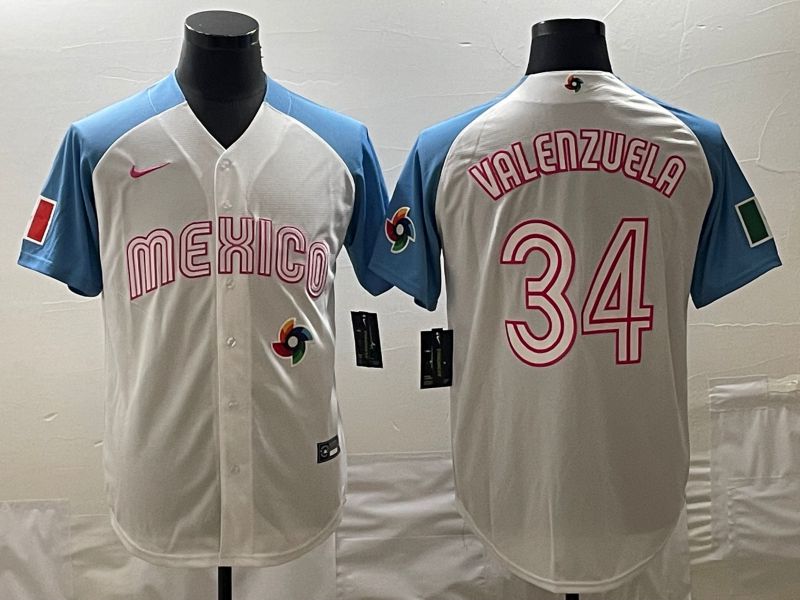 Men 2023 World Cub Mexico #34 Valenzuela White blue Nike MLB Jersey11